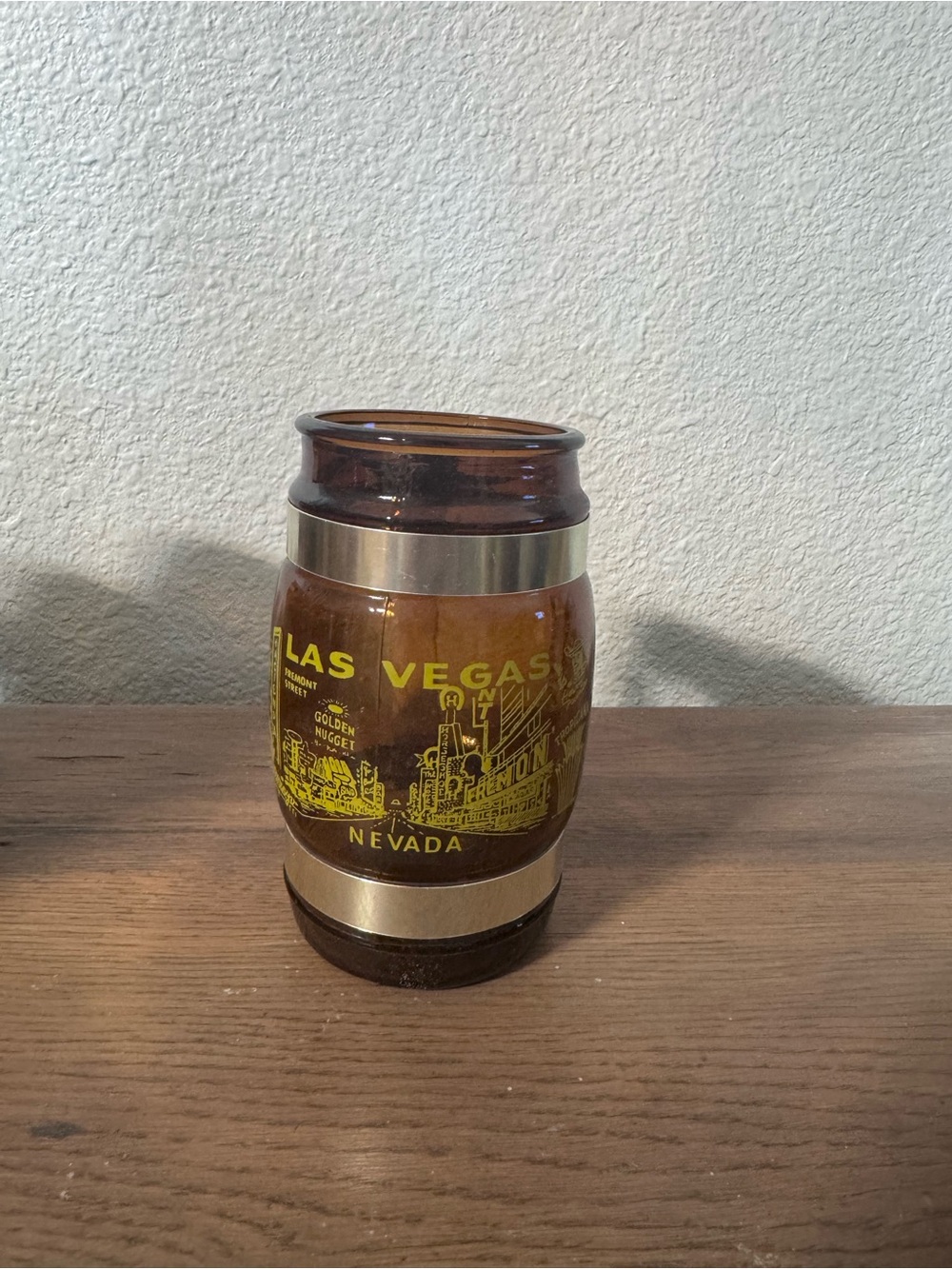 Vintage Las Vegas Amber Glass Travel Mug with Yellow Graphics